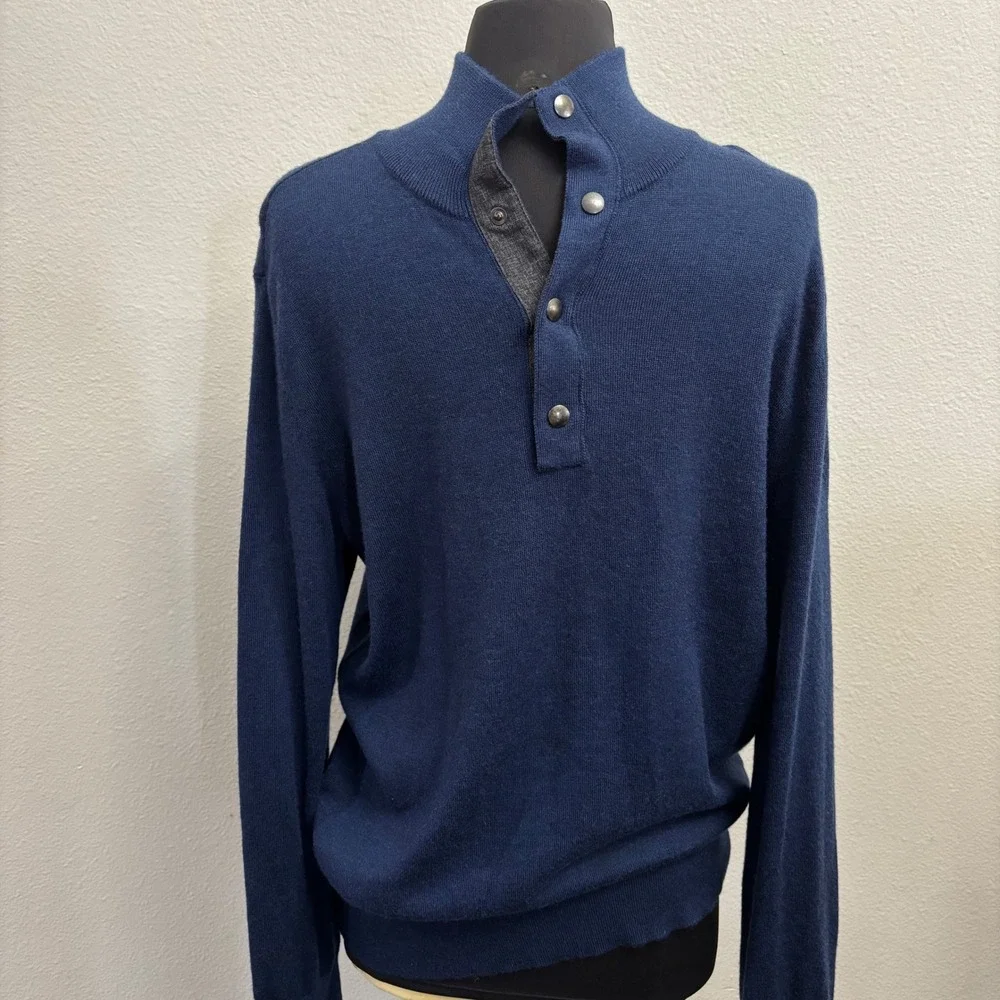 Banana Republic Mens L Blue Merino Wool Snap Mock Neck Sweater Pullover